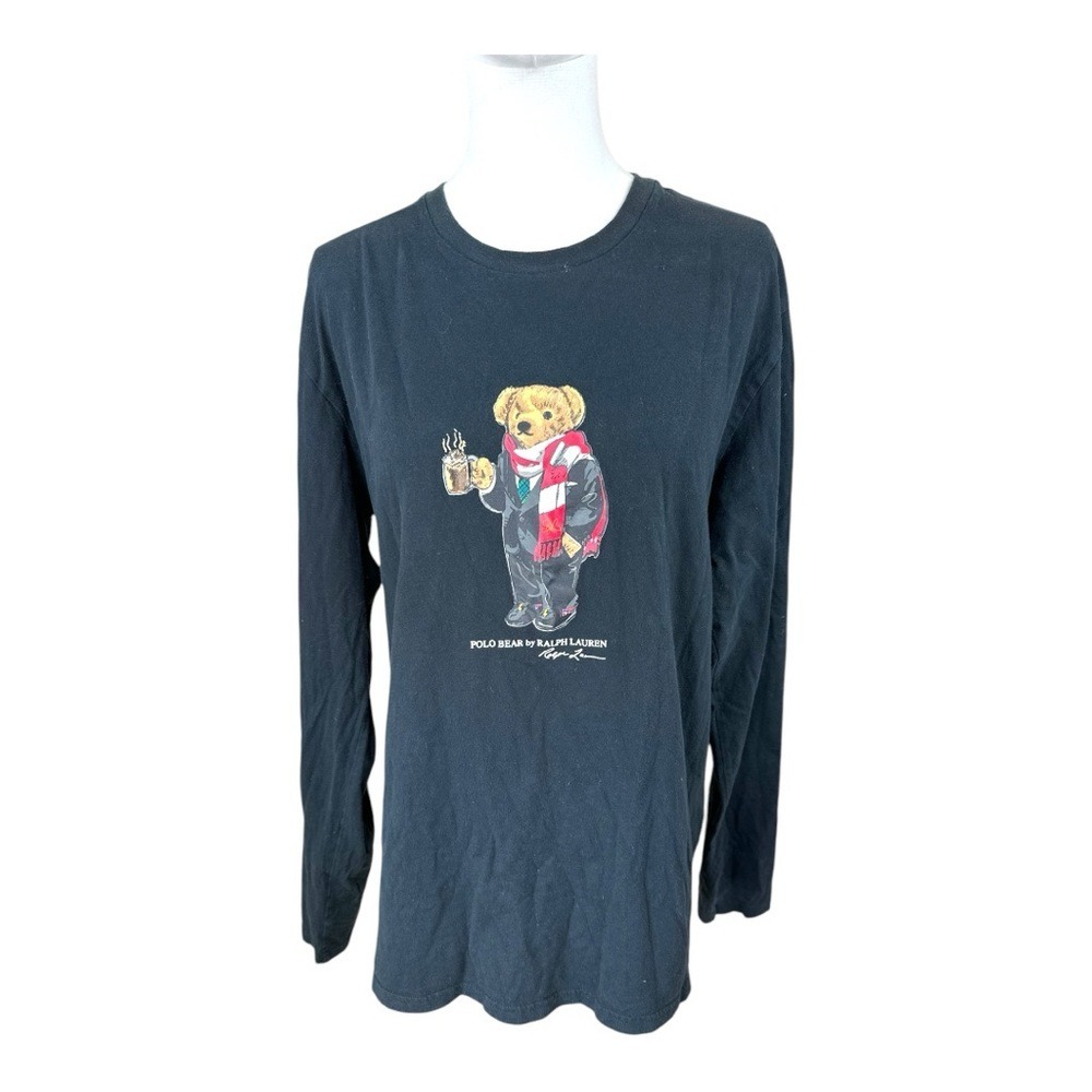 Polo Ralph Lauren size medium long sleeve black cotton Henley‎ w Hot Coco bear
